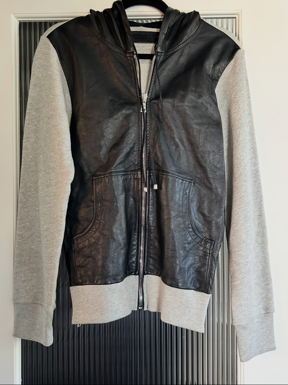 Antonio Barragan Black Leather Front Gray Hoodie Zip Up